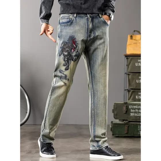 2026 novo estilo High-End bordado Jeans masculino elástico fino ajuste em linha reta tamanho grande lama nostálgica amar