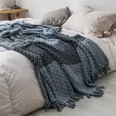 Algodão puro verão contraste cor malha borla cobertor de malha sofá cobertor de lã azul escritório quarto algodão almoço