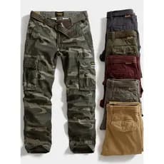 Calças masculinas pesadas com vários bolsos, calças soltas com bolso reto, macacão masculino camuflado, calças casuais,