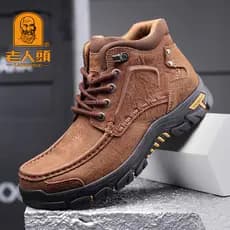 Sapatos masculinos de algodão quente para idosos, couro genuíno, bico largo, macacão ao ar livre, sapatos masculinos de