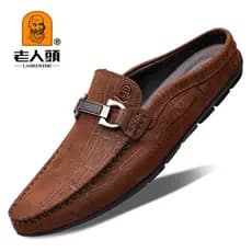 Cabeça de idosos homens impresso ervilhas sapatos de couro genuíno verão meia chinelos sem salto Toe-coberto sapatos de