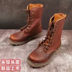 Botas Martin de couro puro de cano alto, botas de couro de cano longo, bico redondo, sola grossa, retrô, Cowboy, botas m