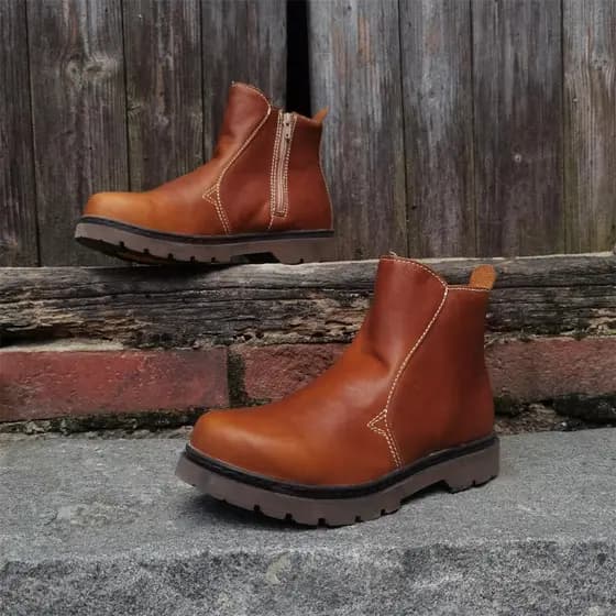 Botas curtas com zíper botas de couro botas gerais sapatos de dedo grande tamanho grande botas de couro de sola grossa m