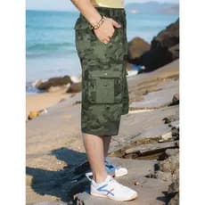 Calças cortadas masculinas verão fino solto camuflagem Shorts Casual macacão calças médias puro algodão 7 pontos calças