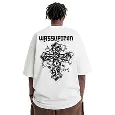 WASSUP Criativo Original Street Wear Camiseta de manga curta de algodão pesado masculina verão novo estilo estilo estilo
