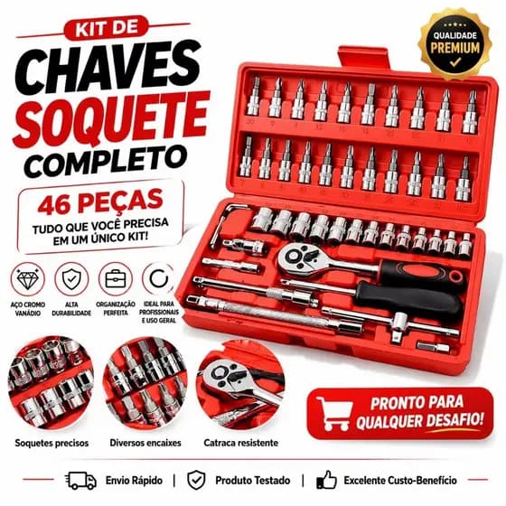 Kit Ferramentas 46 Peças Jogo Soquete Catraca Reversível Chave Allen Maleta Automotivo Profissional