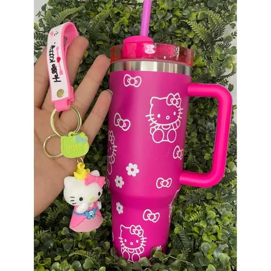 Chaveiro + Copo Térmico Hello Kitty 1200ml Com Tampa Aço Inox