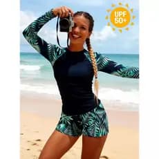 HNYHWKR2026 Maiô de manga comprida feminino estampado dividido protetor solar conservador Anti-ultravioleta de secagem r
