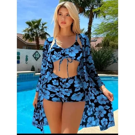 lagoa azul biquini azul/Biquíni novo estilo maiô feminino europeu americano Split três peças de cintura alta maiô