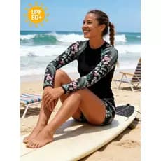 Maiô de duas peças com estampa azul Tropical de manga comprida, maiô legal adequado para férias em ilha/surf