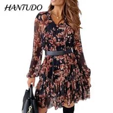 Vestido Feminino Elegante De Manga Comprida Com Decote Em V E Babados