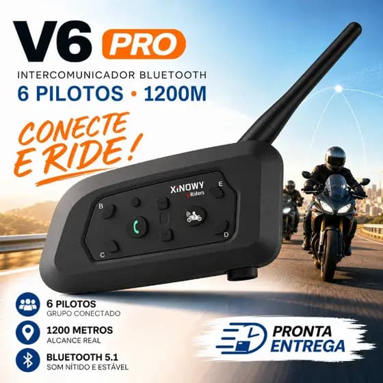 Intercomunicador Moto V6 Pro Bluetooth Capacete 1200m 6 Pilotos