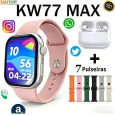 Smartwatch KW77 Max + Fone Notificações WhatsApp e 7 Pulseira Papel de parede personalizado para presente de aniversário