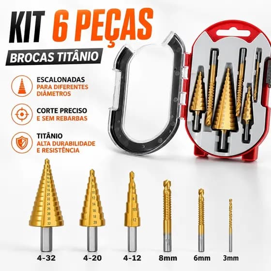 Broca Titânio Escalonada Amarela Aço / Broca Corte Lateral Com Estojo Organizador P/Metal Aluminio Cobre