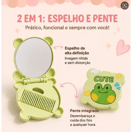 Espelho 2 em 1, Portátil com Case e Pente, Ideal para Viagens e Beleza no Dia a Dia