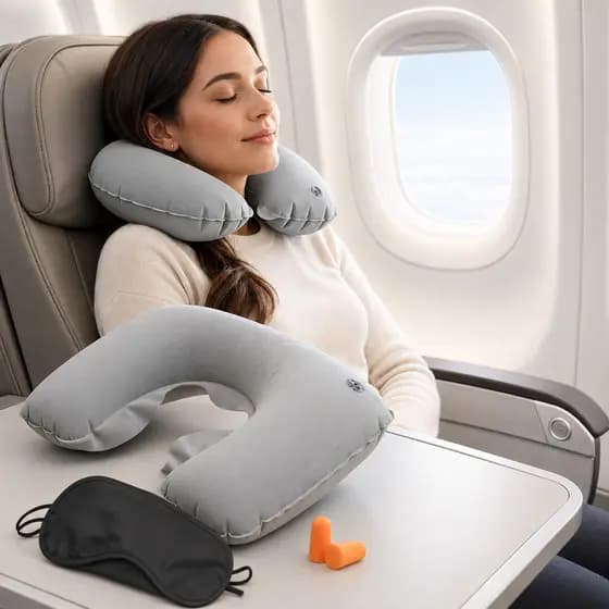 Kit Almofada de Pescoço Inflável com Máscara e Protetor Auricular Para Viagem