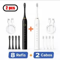 Kit 2 Escovas Elétricas Sônicas Recarregáveis IPX7 USB + 8 Cabeças Reserva