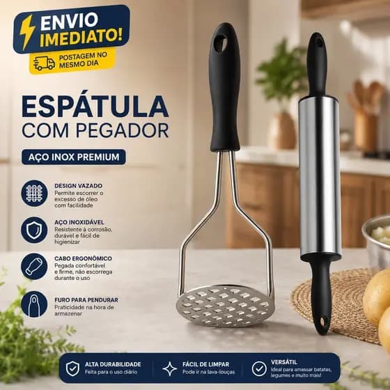 Kit 2 Peças Amassador de Batata Inox Cabo Inox ou Cabo Plástico e Rolo Cilindro para Abrir Massa Preto ou Vermelho
