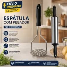 Kit 2 Peças Amassador de Batata Inox Cabo Inox ou Cabo Plástico e Rolo Cilindro para Abrir Massa Preto ou Vermelho