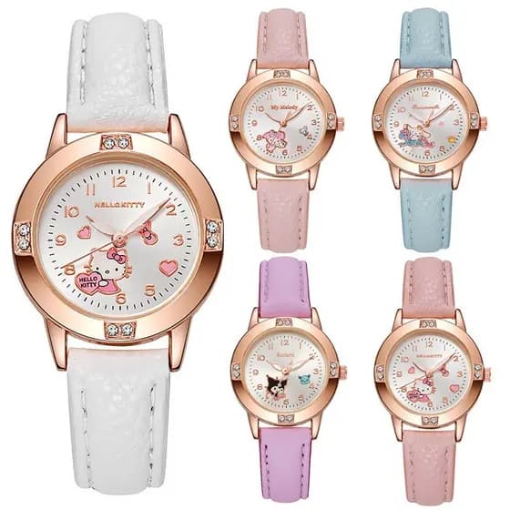Relógio de Pulso Sanrio Kuromi Melody Cinnamoroll Hello Kitty para Estudantes, Dourado Rosa com Diamantes, Pulseira de C