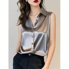 Camisa De Cetim Sem Mangas Feminina Roupas De Verão 2025 Nova Blusa 2381