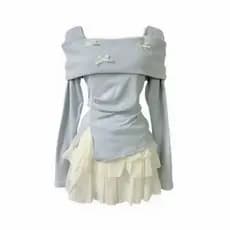 Conjunto Feminino De Verão Doce E Fofo , Ombro De Fora , Manga Comprida , Top + Saia De Cor Sólida , Duas Peças