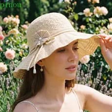 Chapéu De Sol De Verão PINOU , Boné De Praia Floral Respirável Com Proteção UV , Flor Leve Estilo Francês Aba Larga