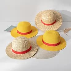 Chapéu de Palha do Luffy de 31-35 cm, Chapéu de Aba Larga Amarelo para Cosplay de Anime, Proteção Solar de Verão, Chapéu