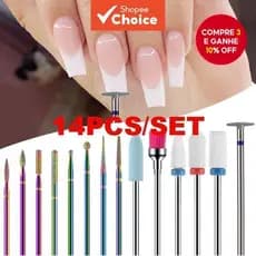 Conjunto Profissional de Brocas para Unhas - 14 peças, usado para remover esmalte, polir e remover pele morta.