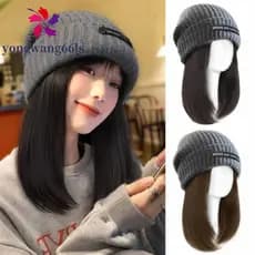 YONGWANG Perucas De Chapéu De Cabelo Curto E Reto , Gorro De Malha De 14 Polegadas , Estilo Coreano