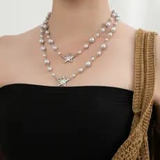 colar colar aço inoxidável Moda legal quente menina dupla frisado estrela cinza imitação de pérola colar feminino long
