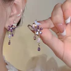 brinco de pressão brinco de pressao feminino Retro diamante-cravejado roxo borla brincos feminino único luz luxo High-E