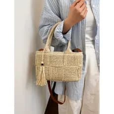 Super quente artigos diversos de trabalho pequena bolsa 2026 novo estilo saco tecido Mori estilo borla Cross-corpo palha