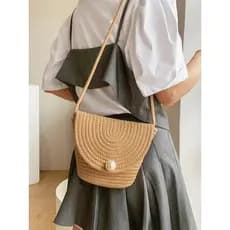 bolsa transversal feminino bolsa feminina Verão pérola fivela saco de palha feminino 2025 novo estilo moda férias tecido