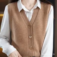 Colete De Malha V Feminino Sem Mangas Gola Cardigan De Tamanho Grande Frente Abertura Sólida Suéter Pulôver Blusa