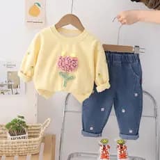 2025 Primavera Outono Meninas Conjunto Crianças Malha Flor Pulôver + Impressão Completa Jeans 2 Pçs Lazer Esportes Wear
