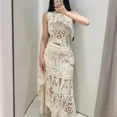 Conjunto de Saia de Cintura Alta Sem Mangas com Padrão de Flor em Crochê Retro Feminino 31