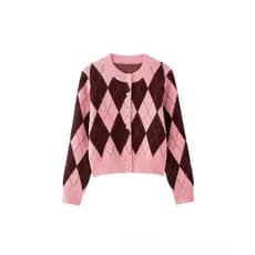 Cardigã Feminino de Tricô Jacquard Argyle, Manga Longa, Gola Redonda, Elegante, Peça de Vestuário Feminina