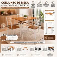 Mesa de Jantar 4 Lugares com 4 Cadeiras Estofadas Confortse Cozinha Sala de Jantar Aço Preto Envio Full