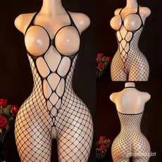 Roupa Íntima Feminina Fantasia Sem Entrepernas |         Body de malha preta, design vazado, com sutiã embutido, lingeri