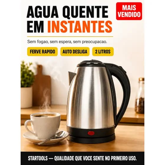 Chaleira Elétrica 2L Startools - Aquecimento Rápido, Base Giratória e Segurança Automática