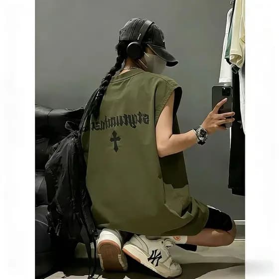 Verde do exército legal colete masculino verão oversize pesado Street Wear colete sem mangas camiseta casal americano Un