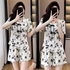 Influenciador de venda quente novo terno chinês feminino pequeno verão Retro impresso fivela temperamento superior reduç