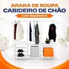 Arara de Roupas de Chão Grande Branca ou Preta com Sapateira Cabideiro Organizador Multiuso em Aço Inox