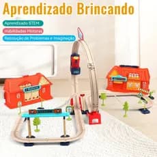 Brinquedo Trem Elétrico Magnético Infantil 69 Peças com Trilhos Montáveis, Estação e Caixa de Armazenamento