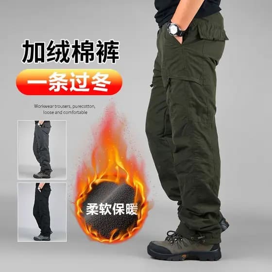Calças de algodão masculinas outono inverno forro de lã à prova de vento calças quentes calças masculinas inverno grosso