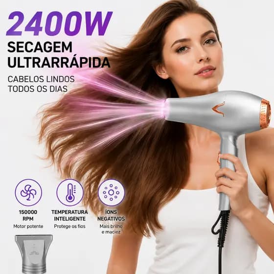 Secador de Cabelo Profissional 2400W Íons Negativos Secagem Rápida Ar Quente e Frio Silencioso