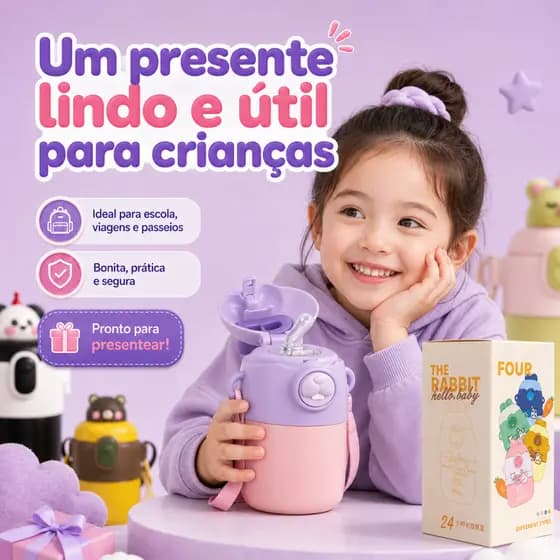 Garrafa de Água Infantil Térmica 680ml Inox 316 com Canudo Antivazamento e Alça Ajustável