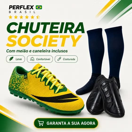 Chuteira Society Adulto e Infantil Perflex Brasil MEIÃO E CANELEIRA Colada e Costurada