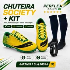 Chuteira Society Adulto e Infantil Perflex Brasil Colada e Costurada Com Meião e Relogio
